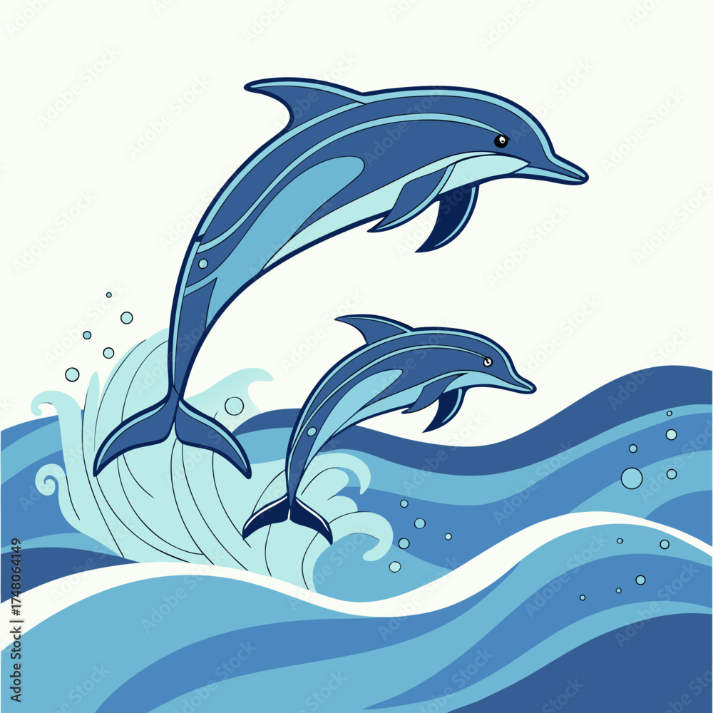 Fototapeta premium Vector art of two dolphins jumping out of the water, creating a playful scene with waves and splashes