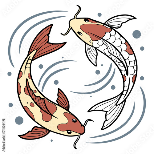 Vector art of two koi fish swimming in a circle, the fish are orange and white, and they are surrounded by water and bubbles vector illustration