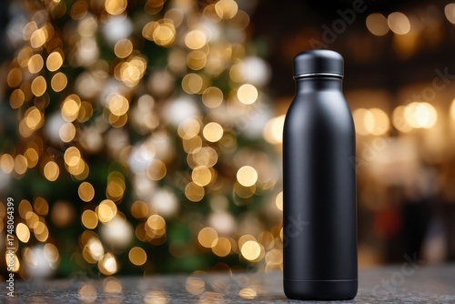 Elegant Black Water Bottle with Blurry Festive Background Bokeh