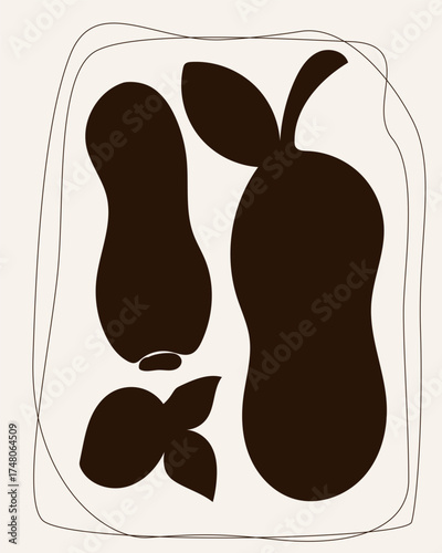 Abstract Contemporary Modern Art Canvas. Minimalist Moody Fruit Plant Contour Drawing. Monochrome Poster Surface. Card Print Composition Pattern. Banner Background Dark Color Abstract Contour Texture