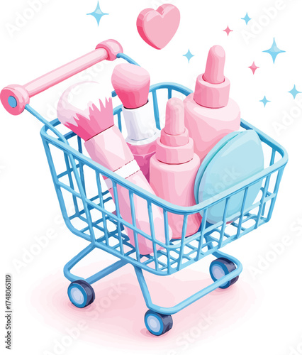 Cosmetic shopping cart illustration with pastel makeup items, brushes, bottles, and sparkles in cute minimal vector style