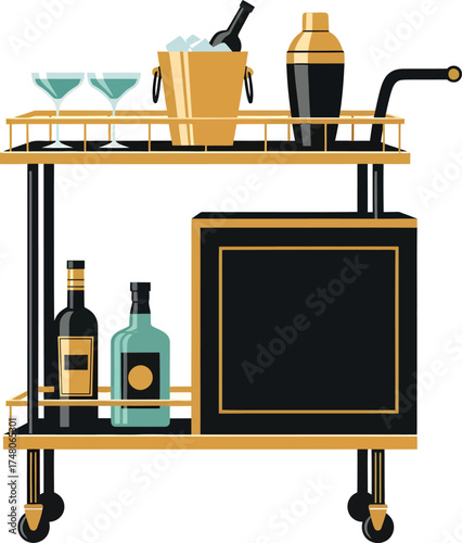 Bar Cart with Drinks and Ice Bucket