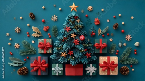 Beautiful Christmas tree surrounded by gifts and holiday decorations arranged neatly on a blue surface.