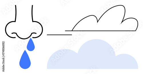 Stylized nose with blue droplets and abstract clouds evoke allergies, seasonal reactions, and respiratory health. Ideal for health, seasons, allergy awareness, care, symptoms, prevention simple flat