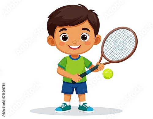 Young boy holding a tennis racket and ball.  He's smiling and ready to play