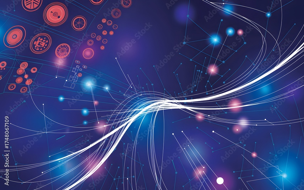 Naklejka premium A network of interconnected lines and nodes, with a glowing effect, symbolizing connectivity and technology