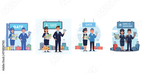 Illustrations of airport staff and passengers at various departure gates, holding tickets.