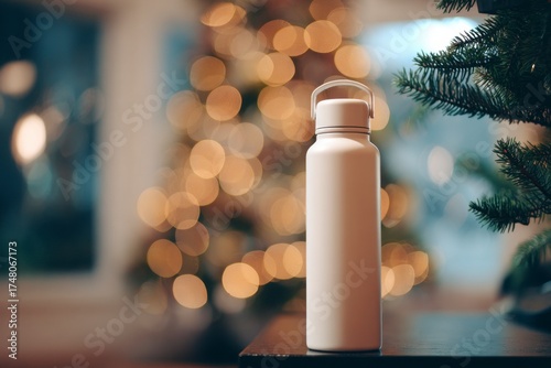 Stylish White Water Bottle Against Blurred Holiday Background