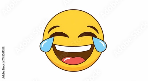 Colorful crying laughing emoji with tears of joy in cartoon style on white background offering fun expressive digital icon representation