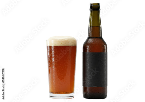 Isolated amber beer bottle and full pint glass of craft beer, cold refreshing alcoholic beverage