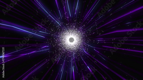 Multicolored light rays coming from a central point. A bright burst or explosion of light, with streaks of purple and white.