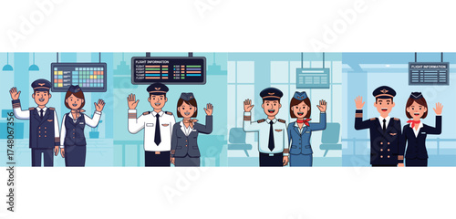Cartoon illustrations of airport personnel waving, depicting pilots and flight attendants.