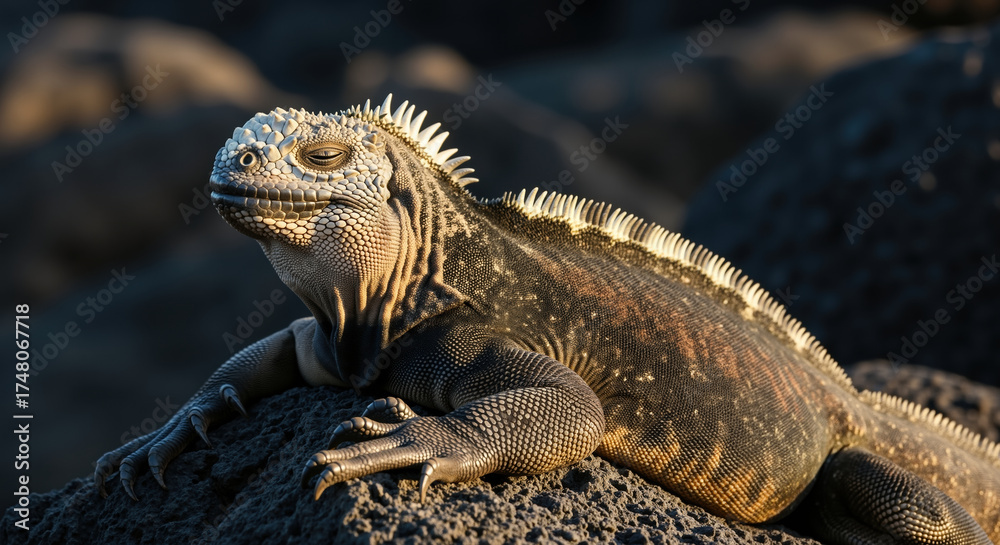 Fototapeta premium Iguana with detailed scales and spines resting on volcanic rock surface. Large reptile in natural desert habitat for wildlife conservation and herpetology education campaigns