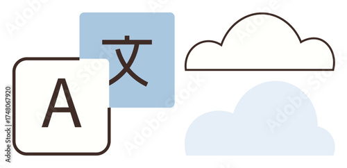 Alphabet and character tiles beside cloud outlines, representing translation services and cloud computing. Ideal for language, technology, globalization, accessibility, connectivity, AI, digital