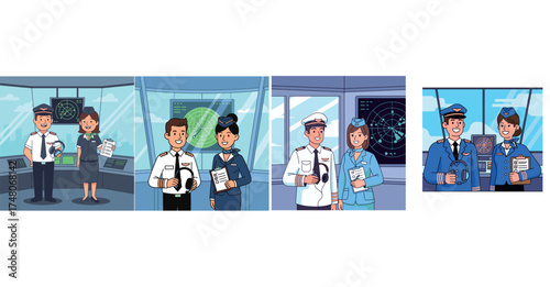 Illustrations depicting air traffic controllers and pilots in various control tower settings.