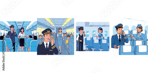 Four scenes depict pilots and flight attendants serving passengers inside an airplane cabin.
