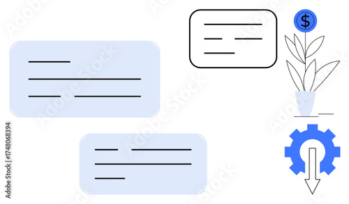 Abstract text boxes paired with growth themes thumbs up plant with dollar coin, gear with downward arrow. Ideal for business, finance, investment, strategy, innovation, growth process. Simple flat