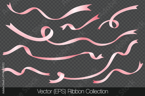 Realistic set of pink ribbons isolated on a transparent background, featuring curved ribbons in different lengths, twists, and shapes. Vector illustration for holiday decorations and graphic projects