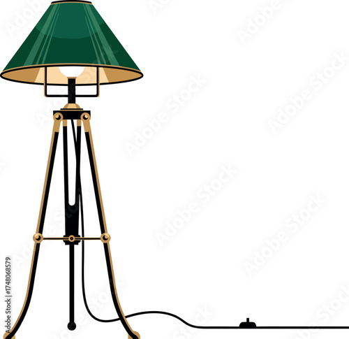 Vintage Tripod Floor Lamp with Green Shade