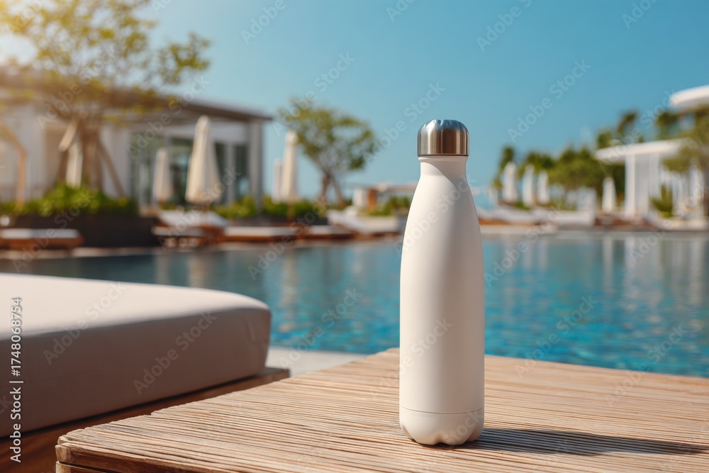 Naklejka premium Stylish White Water Bottle on Wooden Table by Luxury Poolside