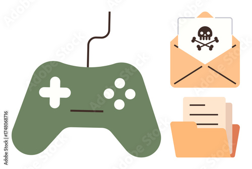 Gaming controller, malicious email with skull and crossbones, and file folder representing cyber threats in gaming, digital safety, warning, data security, hacking, protection, and a simple flat