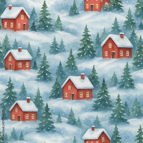 Christmas tree, snow and red house pattern