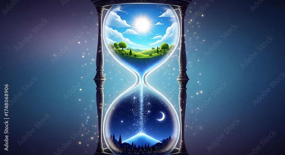Fototapeta premium Experience the magic of time passing with a stunning hourglass showcasing day turning into night, a beautiful transition perfect for concepts of change, growth, and fleeting moments