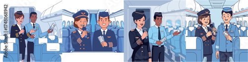 Illustration of airline staff welcoming passengers on board an airplane.