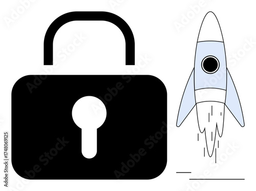 Large black lock and blue rocket with smoke trail symbolizing cybersecurity, innovation, success. Ideal for technology, startups, protection, progress, efficiency, creative solutions simple flat