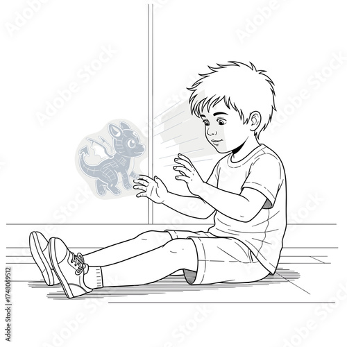 A little boy is sitting indoors, looking at a hologram of a fictional dinosaur