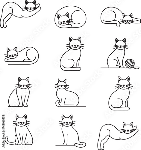 cat, kitten, pet, icon, set, outline, animal, domestic, feline, cute, cartoon, minimalist, simple, modern, veterinary, vet, clinic, shelter
