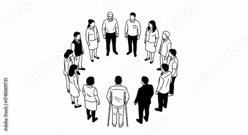 A group of diverse people standing in a circle to discuss and solve problems for people with disabilities
