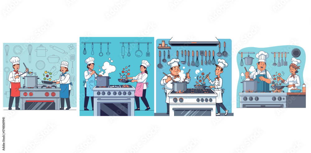 Naklejka premium Four scenes of male and female chefs cooking on stoves in a kitchen setting.