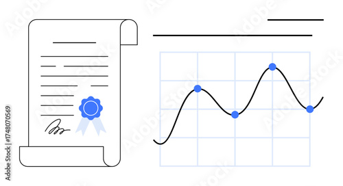 Scroll with a ribbon seal beside a grid-based line graph with data points and upward trends. Ideal for analytics, success, education, finance, certification, goals, simple flat metaphor
