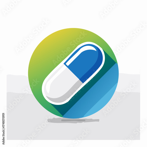 A flat design vector icon of a blue and white medication capsule with a long shadow on a circular background.