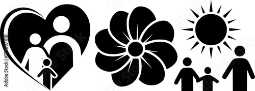 Minimalist family and care icons featuring heart, flower, and sun themes
