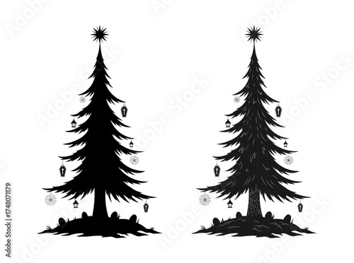 Gothic Christmas Tree Silhouette with Spooky Ornaments