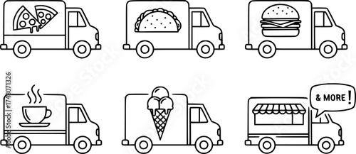 Food truck outlines featuring pizza, tacos, burgers, coffee, ice cream, and more
