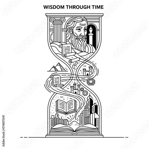 Hourglass symbolizing wisdom through the ages with historical icons  