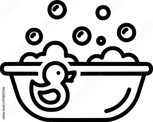 Minimalist bathtub with rubber duck and bubbles in simple line art style
