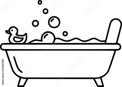 Minimalist bathtub with rubber duck and bubbles in simple line art style
