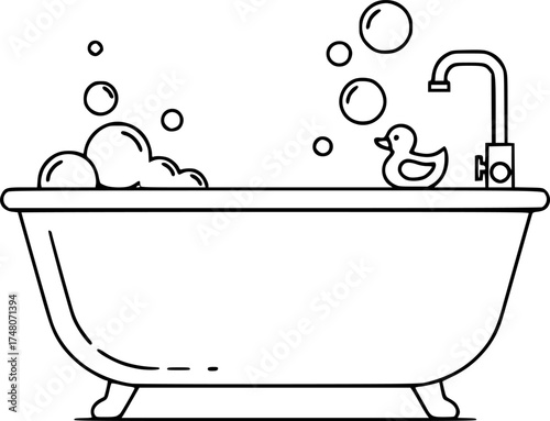 Minimalist bathtub with rubber duck and bubbles in simple line art style
