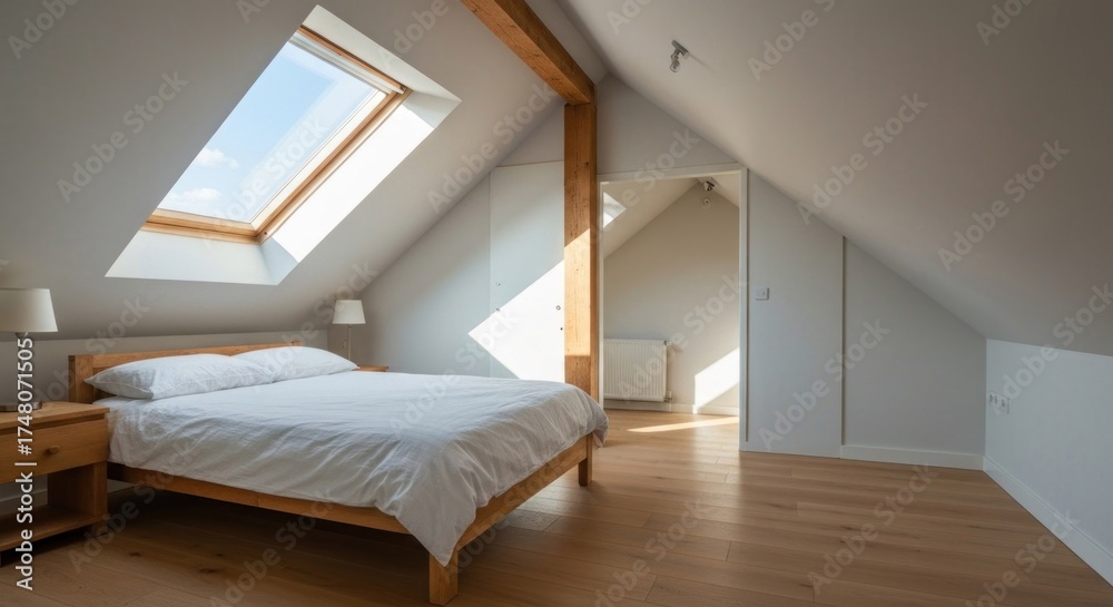Fototapeta premium Attic bedroom with skylight, wood bed, and sunny interior