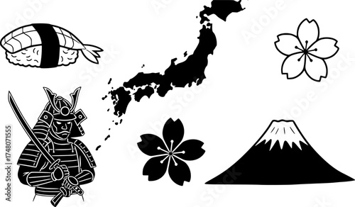 japan icons: sushi, map, sakura, samurai, mount fuji