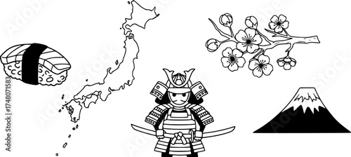 japan icons: sushi, map, sakura, samurai, mount fuji