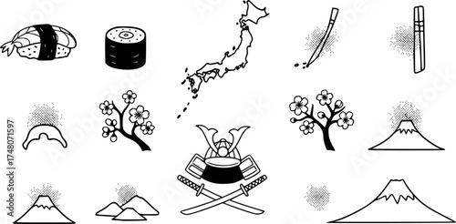 japan icons: sushi, map, sakura, samurai, mount fuji