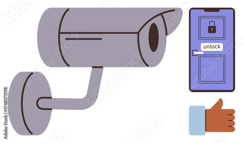Surveillance camera monitoring locked door with unlock label and thumbs-up symbol. Ideal for security, door control, technology, system integration, monitoring, privacy, trust. Simple flat metaphor