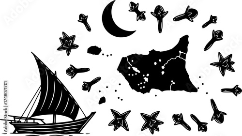 Hand drawn comoros elements with cloves, boat, moon, and map silhouettes

