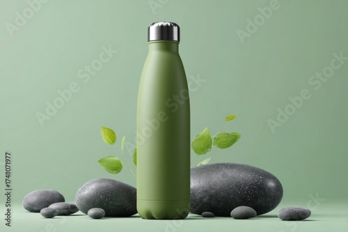 Eco-Friendly Green Water Bottle on Stones with Green Leaves Background
