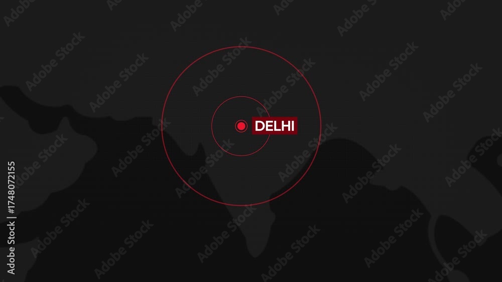 Blinking red light on the map of Delhi, India showing earthquake or breaking news concept, 4k animation